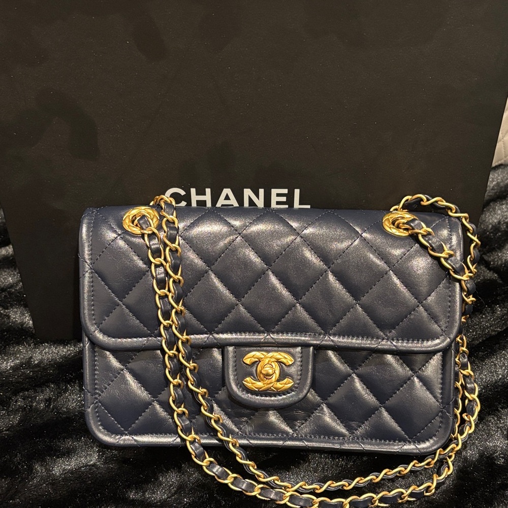 Chanel Dark Blue Quilted Crossbody Bag with Gold Chain